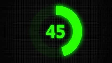 Countdown timer number ,0 to 45 seconds circular countdown digital electronic timer. counting down with green numbers and circle marking time ,Sci-Fi light Effects electronic protection system.