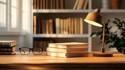 Cozy Study Scene with Books, Lamp, and Glasses on Wooden Desk Surface