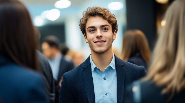 Confident young businessman at a networking event, professional attire - Powered by Adobe
