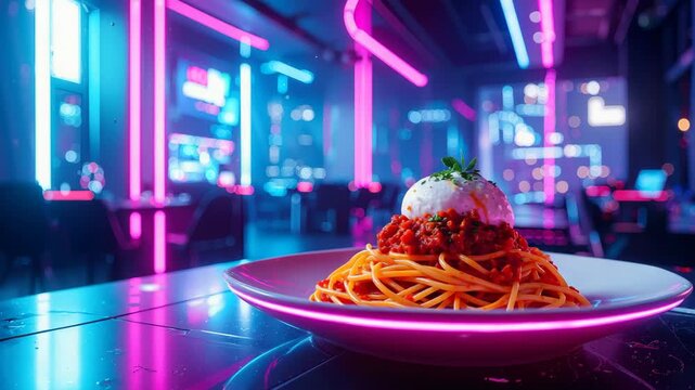 Spaghetti topped with burrata cheese served on a table in a neon lit restaurant.