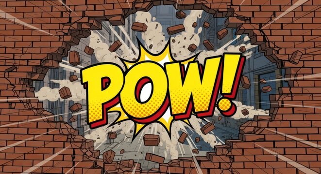 Comic Book Style "POW!" Breaking Through Brick Wall with Cityscape Background.