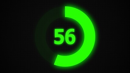 Countdown timer number ,0 to 56 seconds circular countdown digital electronic timer. counting down with green numbers and circle marking time ,Sci-Fi light Effects electronic protection system.