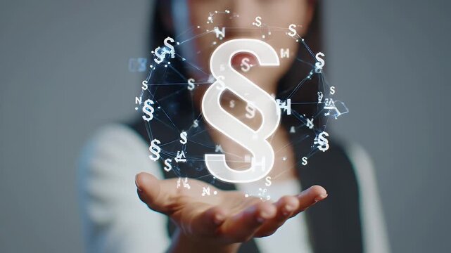 Woman in Suit Holding Abstract Paragraph Symbol in Palm of Her Hand with Digital Network on Gray Background with Depth of Field