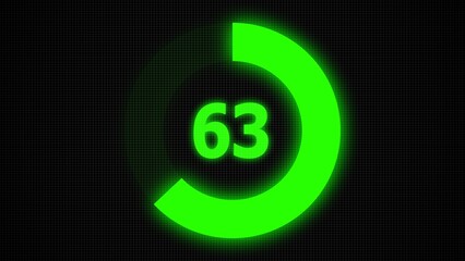 Countdown timer number ,0 to 63 seconds circular countdown digital electronic timer. counting down with green numbers and circle marking time ,Sci-Fi light Effects electronic protection system.