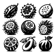 Illustration of various exotic fruits including kiwano and other tropical fruits in black and white style