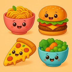Cute Cartoon Kids Food Set with Happy Faces – Pizza, Burger, Salad, and Noodles