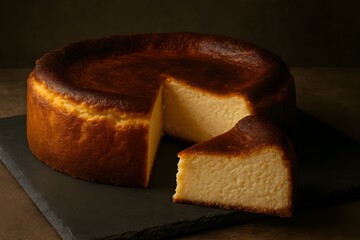 Basque burnt cheesecake with golden caramelized top and creamy interior, perfect for dessert menus, food blogs, and culinary advertising.