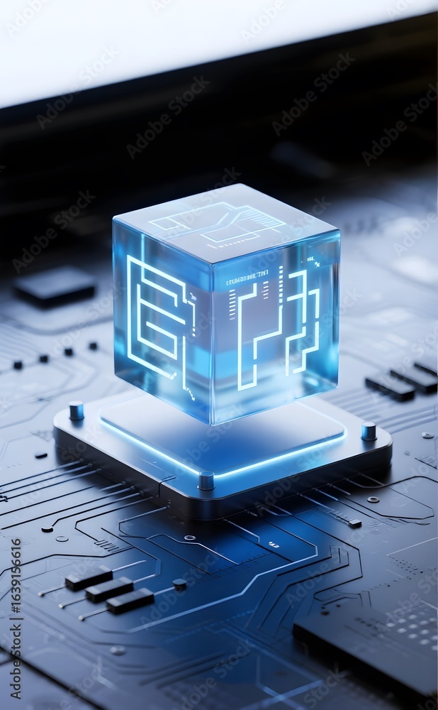 Poster floating cube with circuit patterns