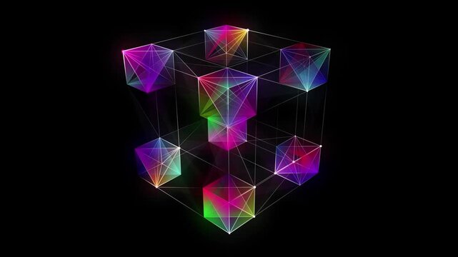 Abstract background 3D digital multicolor wireframe cube rotate. 3D algorithm blockchain grid dinamic blocks. Big data.  Artificial intelligence design.  Multi core box.