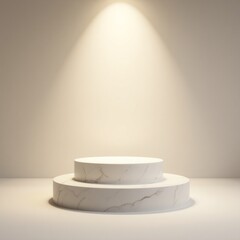 Single round marble podium under a warm white spotlight on a soft neutral background