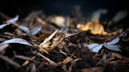 Macro shot of leaves and organic matter decomposing. Recycling of waste, zero waste production, preservation of the ecology of the Earth