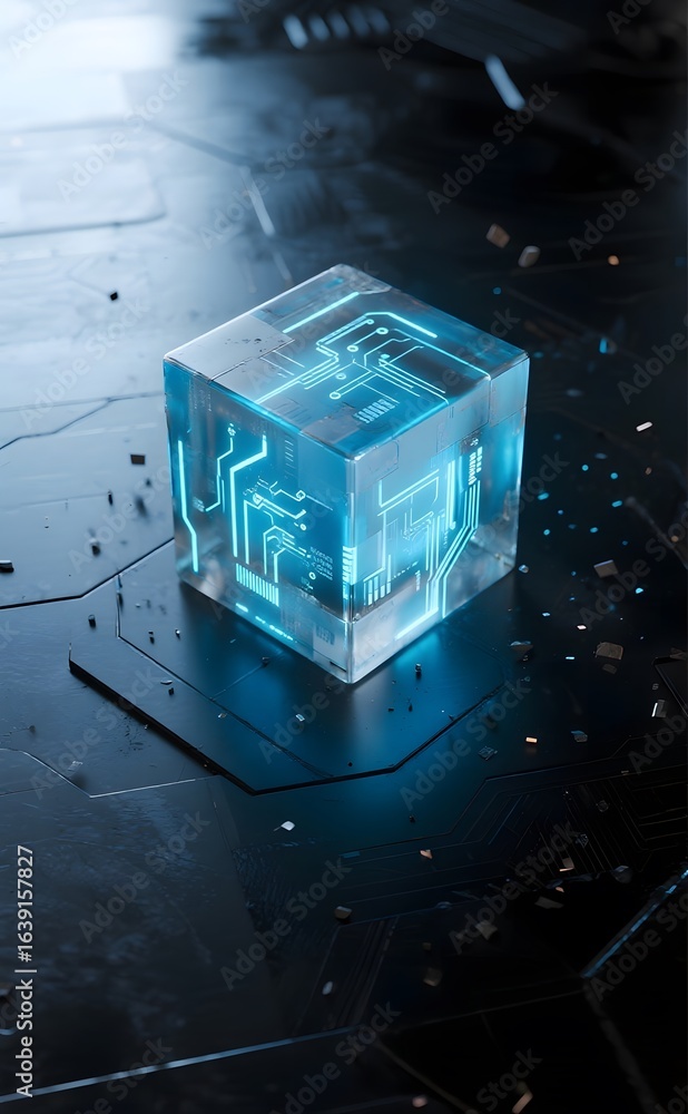 Poster glowing circuit cube on tech surface