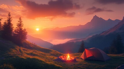 Camping at Sunset: Tent and Campfire in the Mountains with Vibrant Sky