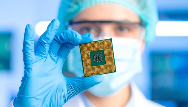 Scientist in Blue Gloves Holds Computer Chip in Lab