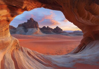 View of rugged desert landscape with rocky formations and colorful sky seen through a natural sandstone cave opening