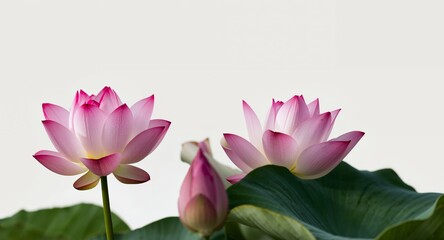 Beautiful Pink Lotus Flowers with Bud and Green Leaves Against White Background.