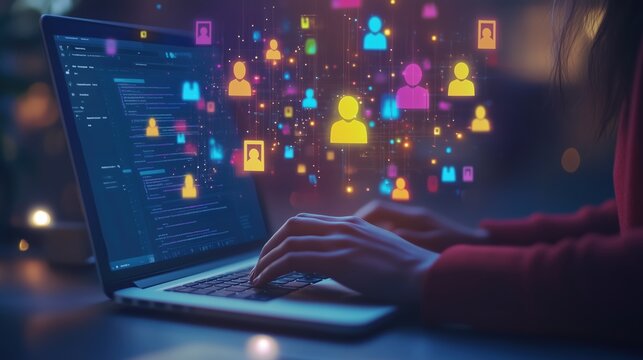 Hands typing on a laptop keyboard, surrounded by icons of people. Dating, social networks, communication, correspondence. A man working at a computer. Dating site.