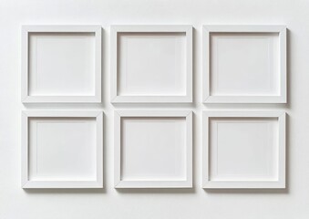 Six empty white square picture frames arranged in two rows of three on a white textured wall creating a clean and minimalistic display