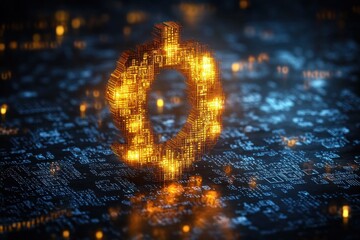 Glowing golden digital circuit symbol in a complex futuristic electronic environment emitting light and energy