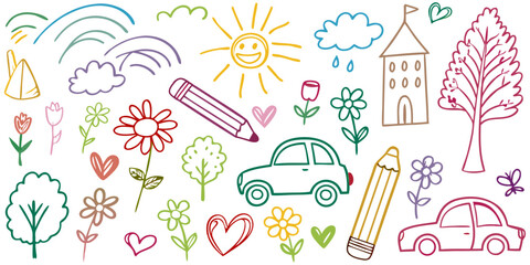 A dense, colorful pattern of child-like crayon drawings 