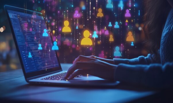 Hands typing on a laptop keyboard, surrounded by icons of people. Dating, social networks, communication, correspondence. A man working at a computer. Dating site.
