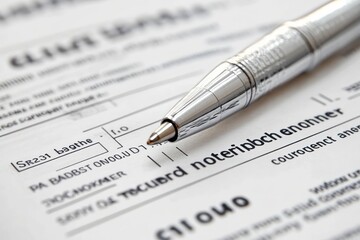 Obraz premium Close-up of a shiny silver pen resting on a blurred document with printed text and numbers, suggesting paperwork or office work