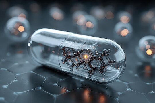 Futuristic nanotechnology capsule showcasing advanced microscopic features and intricate molecular structure under dramatic lighting