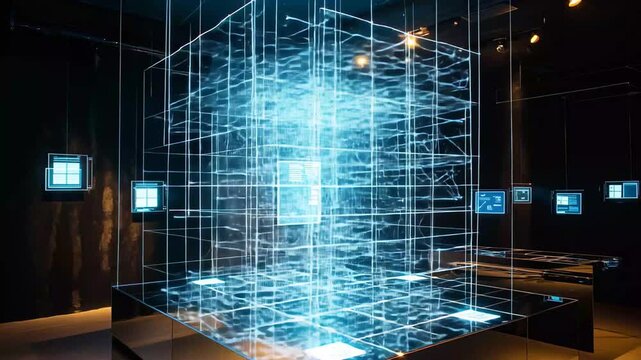Immerse yourself in a captivating display of light and technology that intertwines art with innovation in a modern exhibition. Visitors engage with the intricate elements.