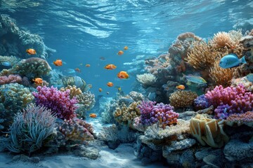 Vibrant marine life and colorful coral reef teeming with diverse fish species in a crystal clear underwater environment