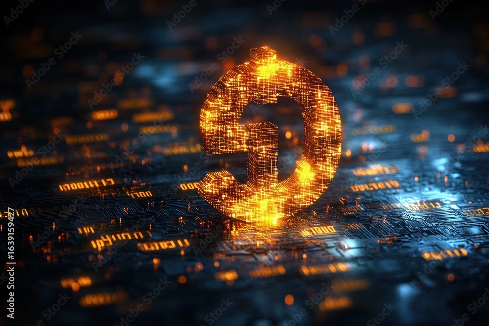Poster glowing digital currency symbol floating above a futuristic circuit board with vibrant orange and bl
