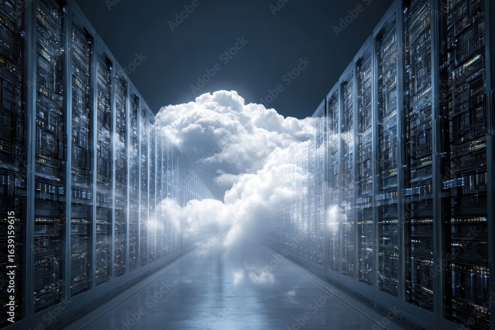 Poster patterns of cloud computing and data within a futuristic server room displaying dynamic cloud forms
