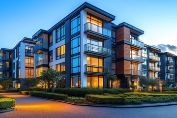 Fototapeta premium Modern multi-story apartment building with large glass windows and balconies illuminated at dusk surrounded by landscaped gardens and trimmed bushes
