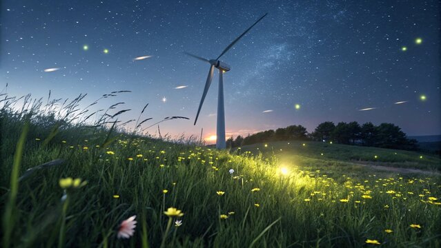 Lush Meadow with Wind Turbines Under Starry Night Sky V4