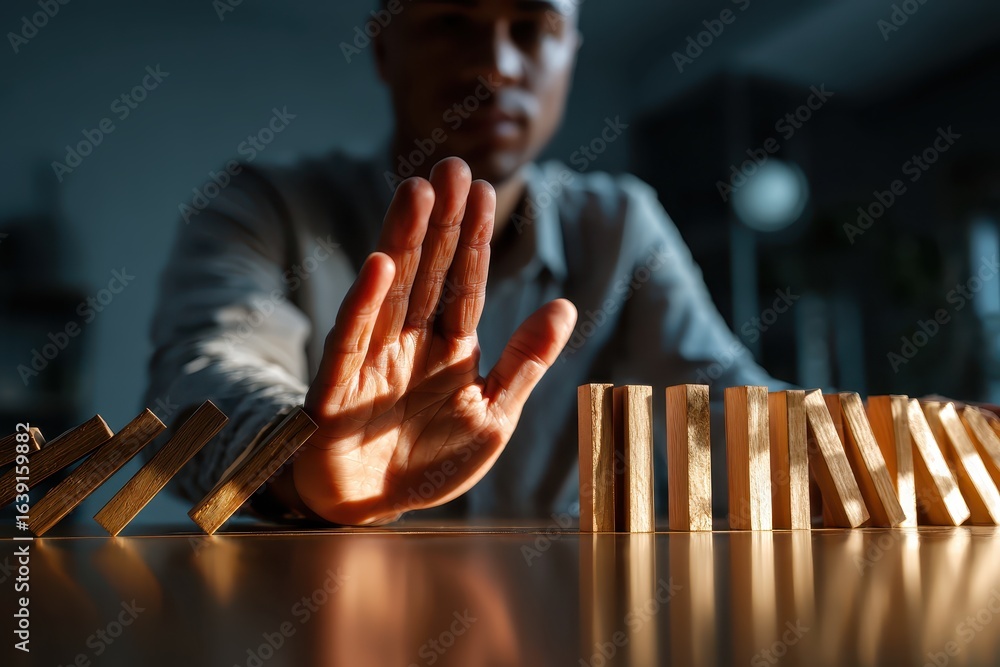 Poster silhouette of a man making a stop gesture to prevent falling blocks during a creative brainstorming 