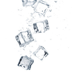 Clear ice cubes falling with water splashes isolated on a transparent background