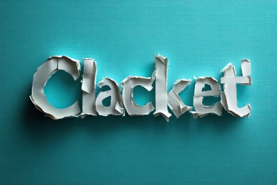 Word clacket torn out of textured white paper with curled edges on blue textured background, creating a three-dimensional effect