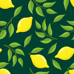 Fresh lemons with leaves on dark green background seamless pattern. Vector illustration.