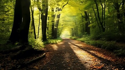 Obraz premium Dappled sunlight over a trail in a rich autumn forest, dark trunks and golden leaves forming a natural tunnel