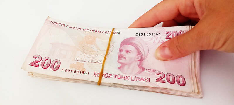 Background of Turkish lira. Turkish money. 50, 100 and 200 tl notes. Banner for website, desktop wallpaper, copy space for text and advertising, blank, empty, white, clear space