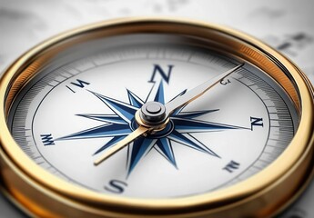 Close-up view of a gold-framed compass pointing northeast with a blue and white directional star beneath the needle, symbolizing navigation and exploration