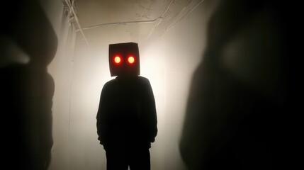 A mysterious figure with a box head and glowing eyes stands in a shadowy, atmospheric setting. The image evokes a sense of unease and suspense