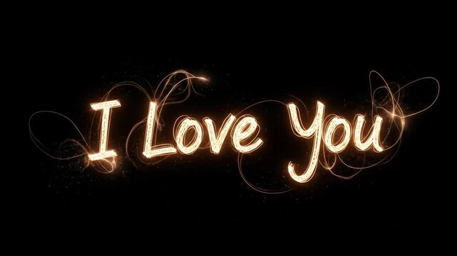 Sparkling Golden 'I Love You' Text Animation with Romantic Twirls and Glowing Particles on Black Background Video