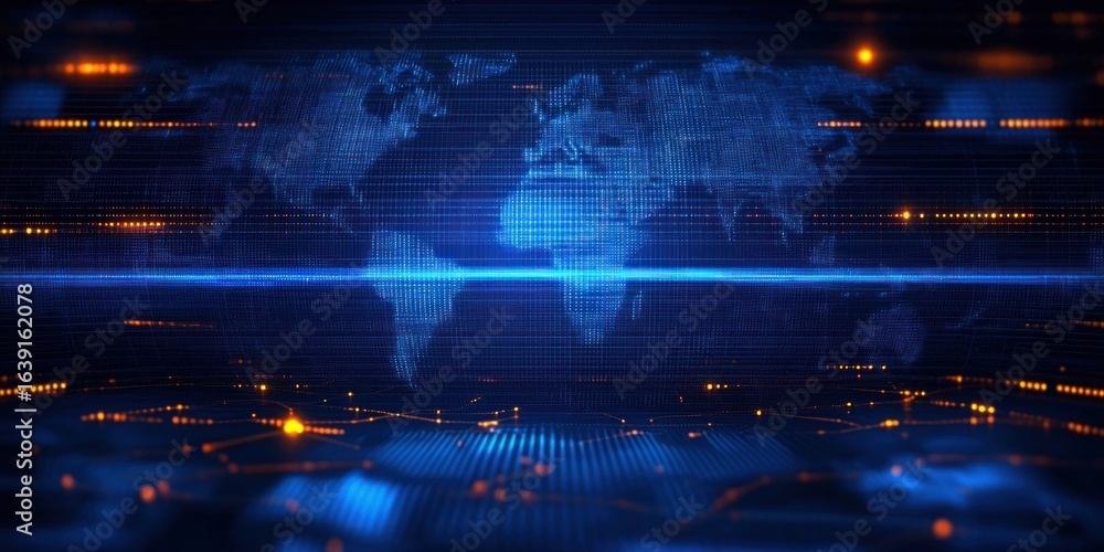 Poster futuristic glowing digital world map hologram with blue and orange lights representing global data c