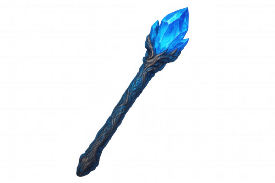 Glowing magic staff with blue crystal on transparent background, perfect for fantasy games or projects