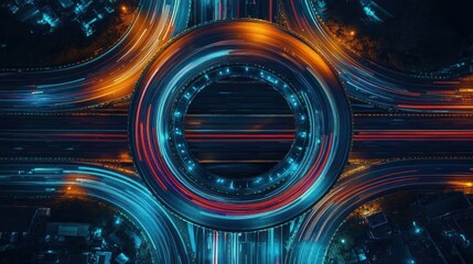 Aerial night view of a large illuminated circular highway interchange with dynamic light trails from moving vehicles in blue and orange hues creating a futuristic and energetic atmosphere