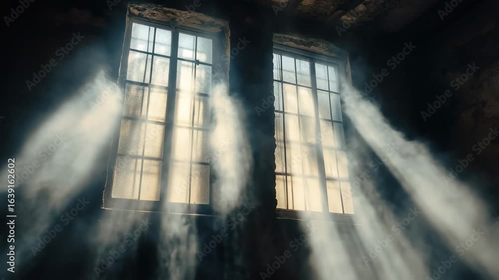 Poster sunlight filters through the dusty windows of an old warehouse, casting ethereal rays into the dim i
