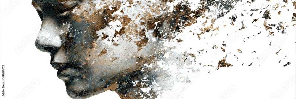 Poster layers of transparency reveal a clearer face with floating particles in abstract expressionism