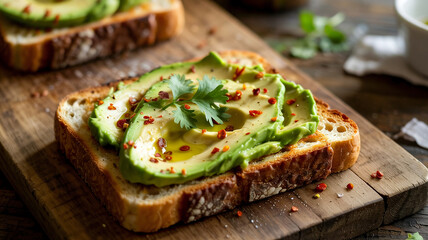 The toast is smeared with creamy avocado