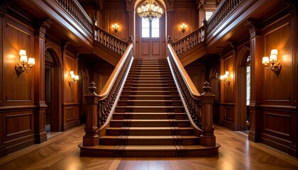 洋館の木造の階段シンメトリー歴史ある建物