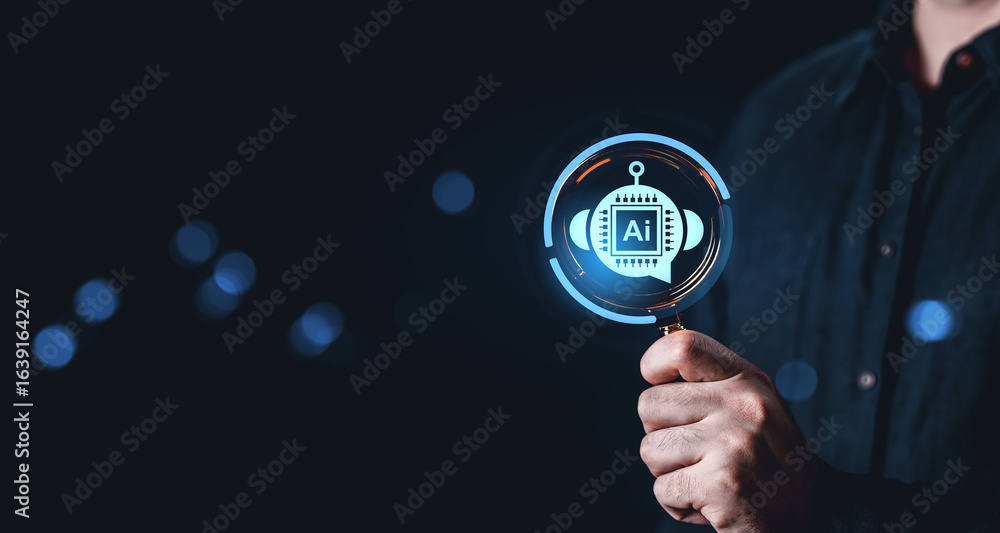 Poster magnifying glass highlighting ai chip symbol in futuristic digital interface held by person in dark 